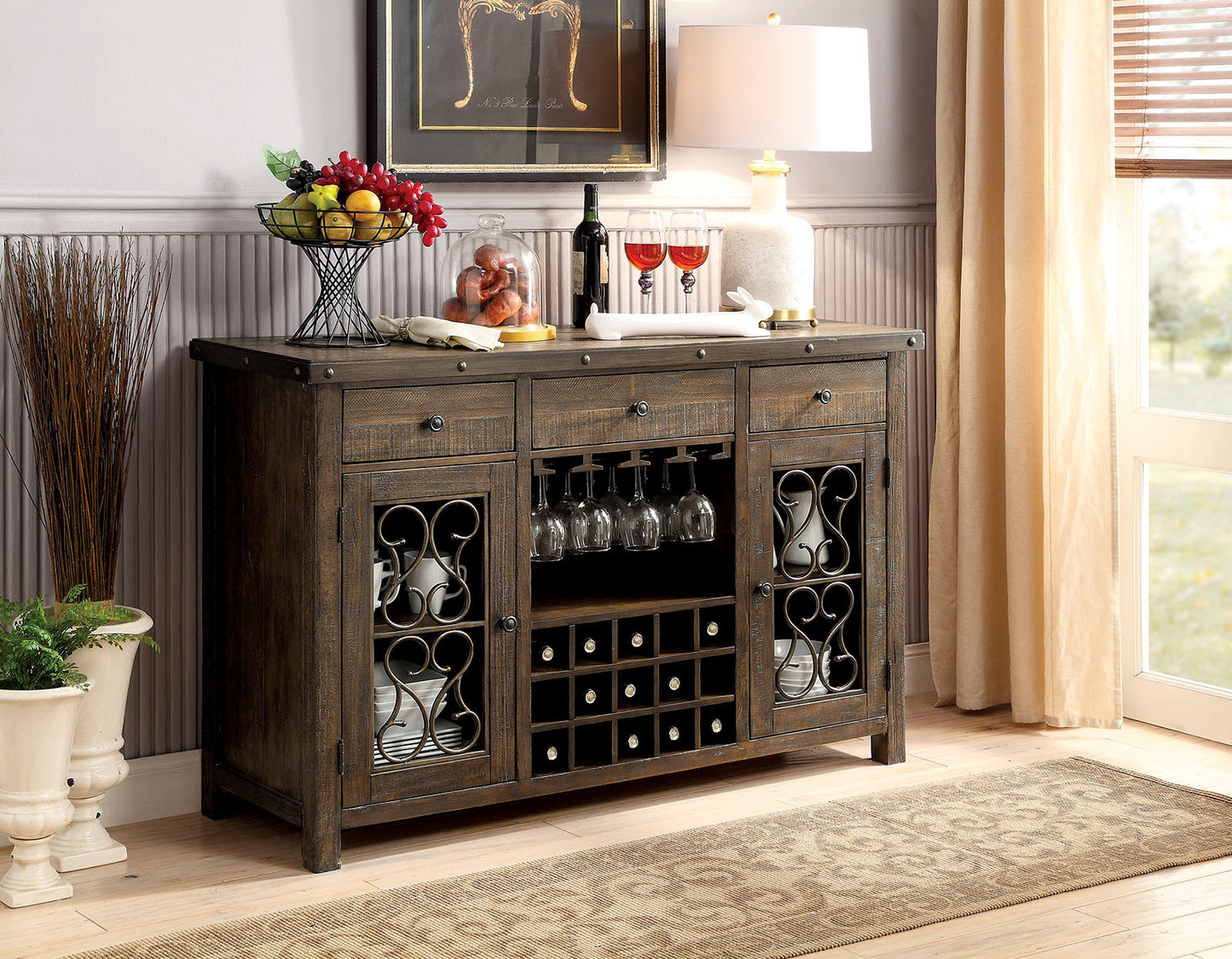 Rustic Walnut 1pc Server Solidwood Metal Functional Storage Drawers Server Scroll