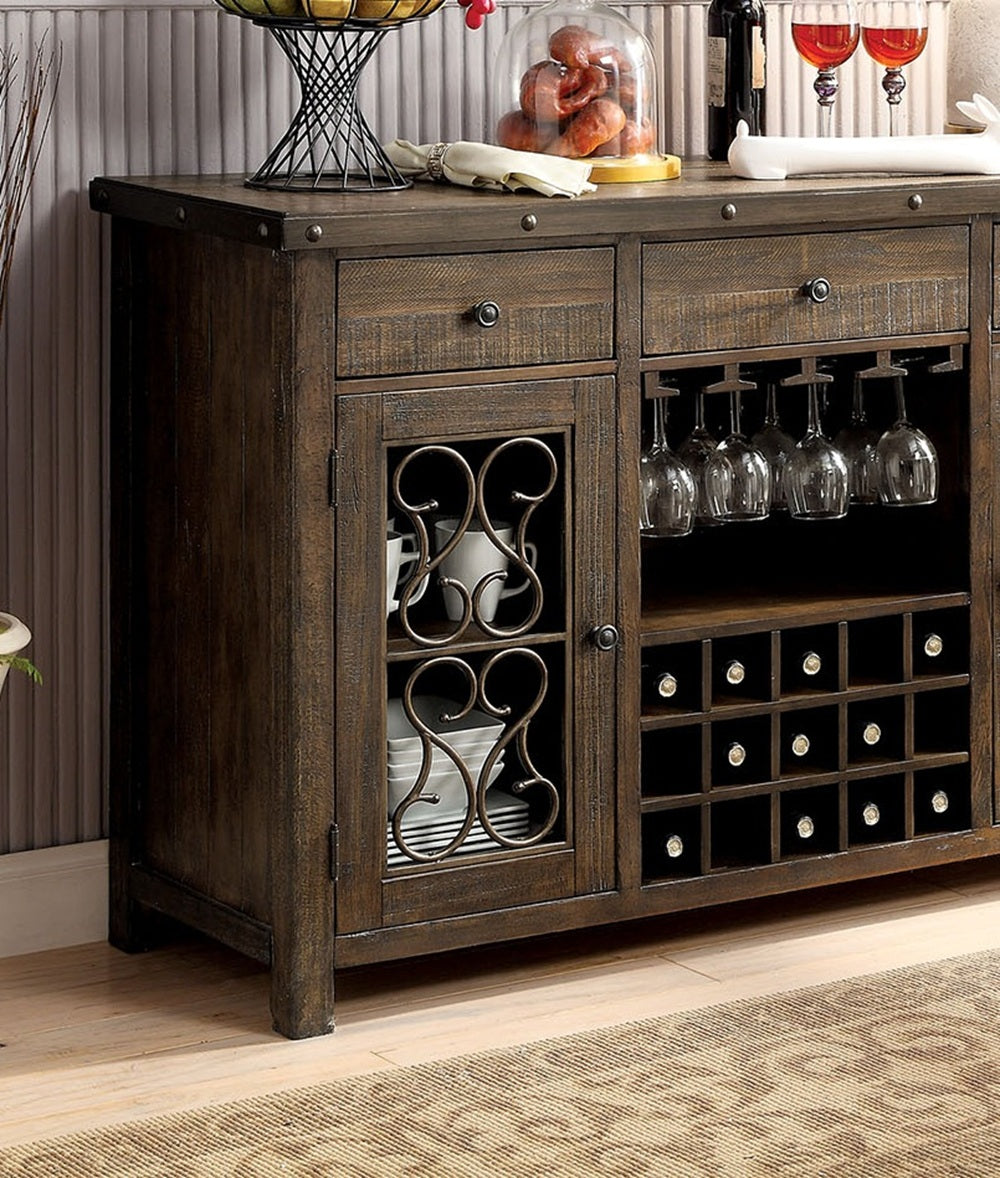 Rustic Walnut 1pc Server Solidwood Metal Functional Storage Drawers Server Scroll