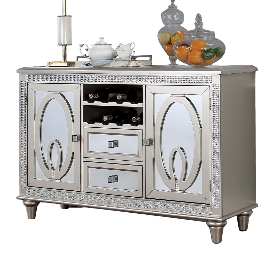 Silver Solid Wood Server Sideboard with Mirror Accents for Dining Room