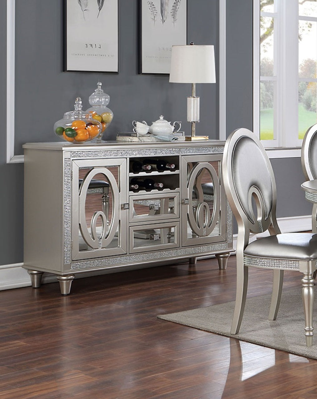 Silver Solid Wood Server Sideboard with Mirror Accents for Dining Room