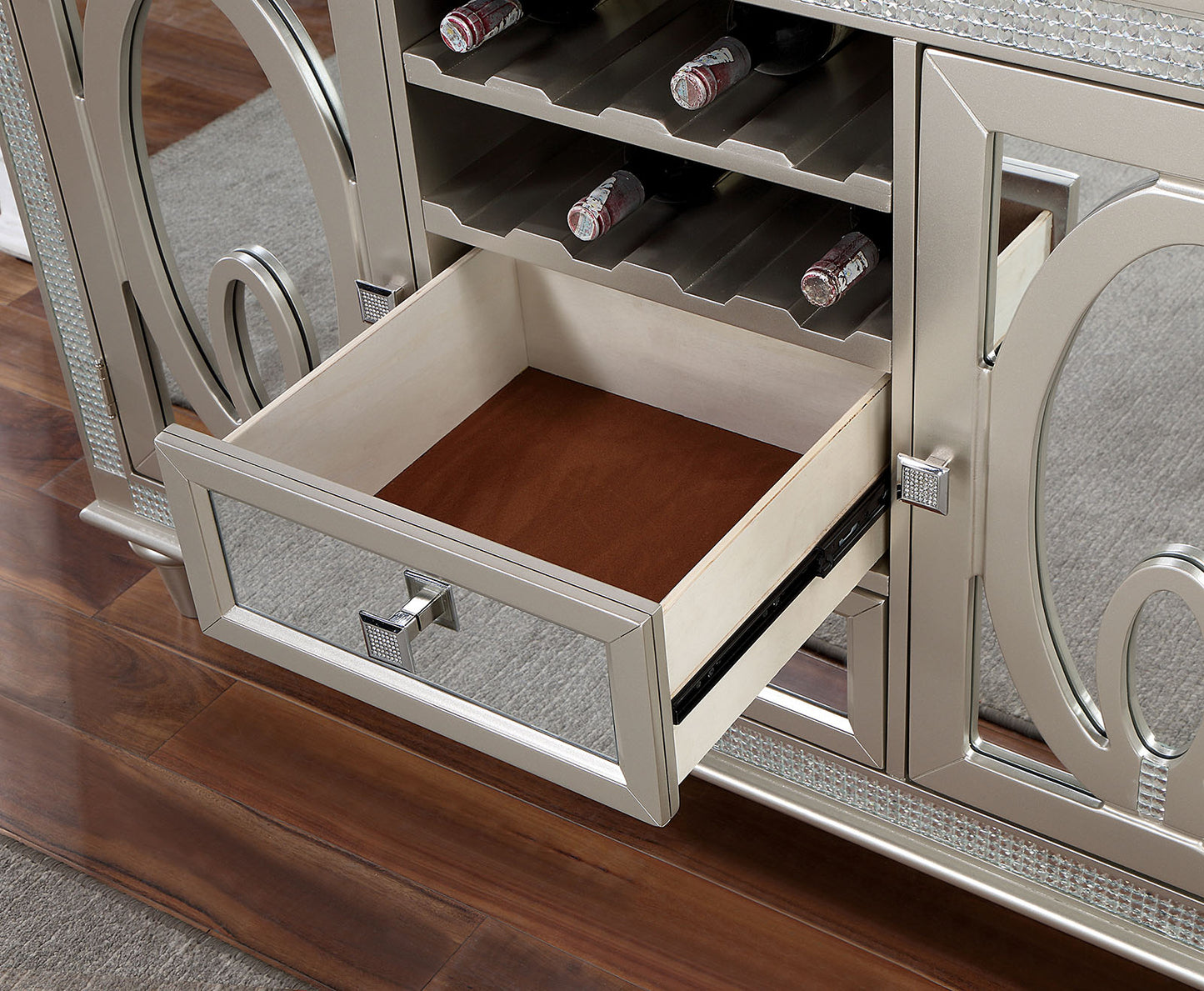 Silver Solid Wood Server Sideboard with Mirror Accents for Dining Room