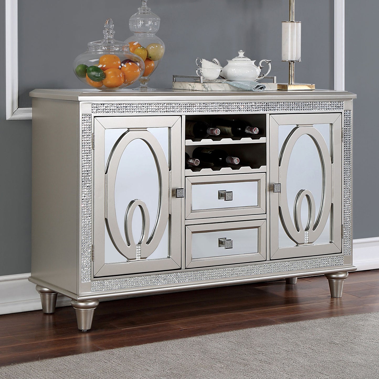 Silver Solid Wood Server Sideboard with Mirror Accents for Dining Room