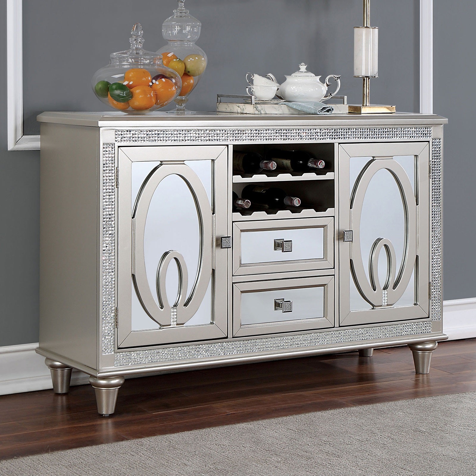 Silver Solid Wood Server Sideboard with Mirror Accents for Dining Room