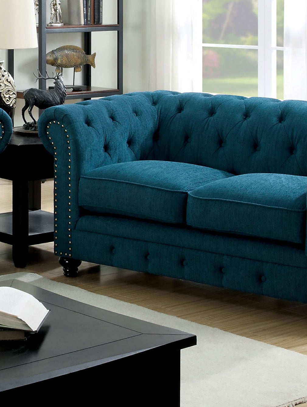 Teal Wood Frame Loveseat - 67.25" Rolled Arms for Living Room