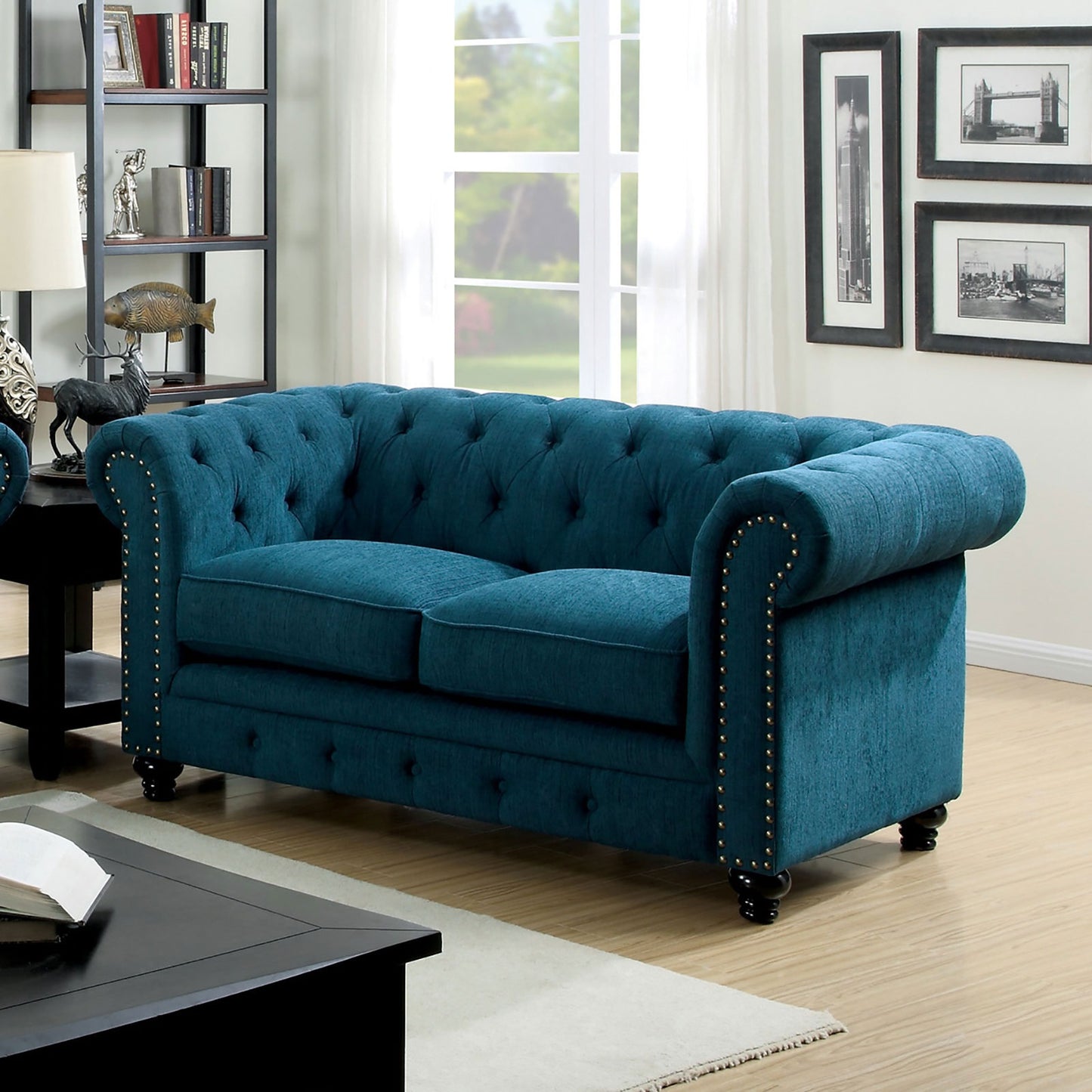 Teal Wood Frame Loveseat - 67.25" Rolled Arms for Living Room