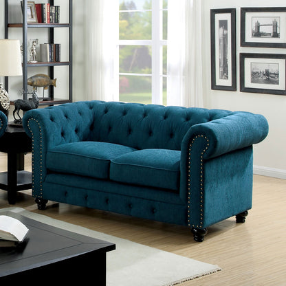 Teal Wood Frame Loveseat - 67.25" Rolled Arms for Living Room