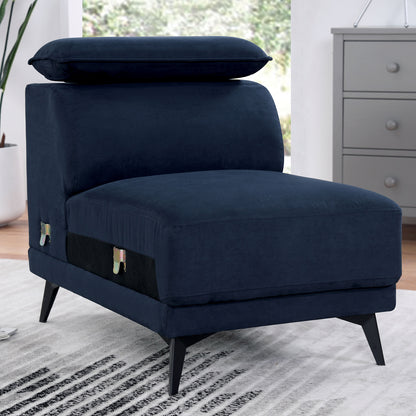 Contemporary Style Armless Chair Steel Legs Tight Back Cushion Pillow On Armrest Adjustable Headrest Navy Finish Primary Living Room