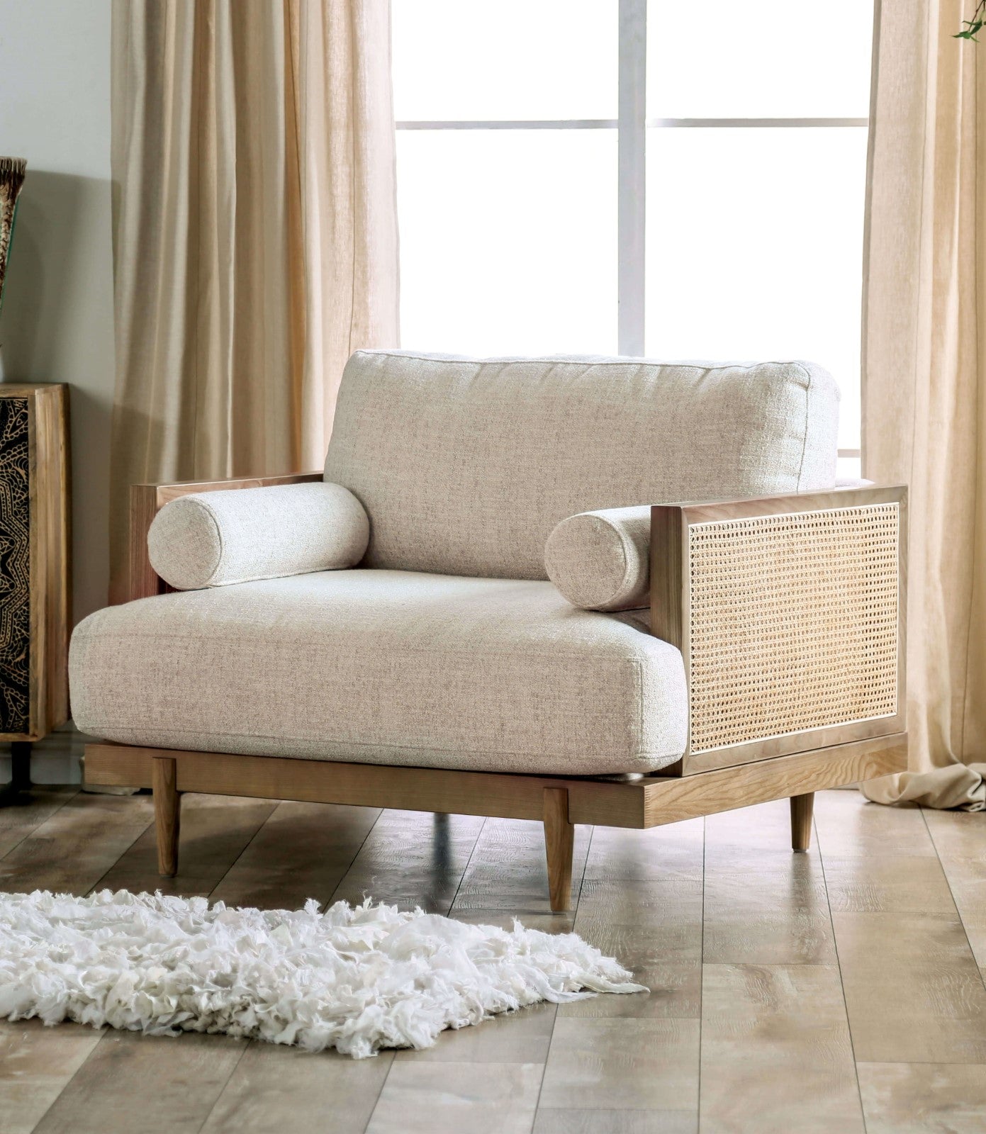 Mid-Century Modern 1pc Beautiful Chair Side Bolster Pillow Tapered Wooden Legs Reversible Pillow Back Beige And Light Oak Finish Primary Living Room