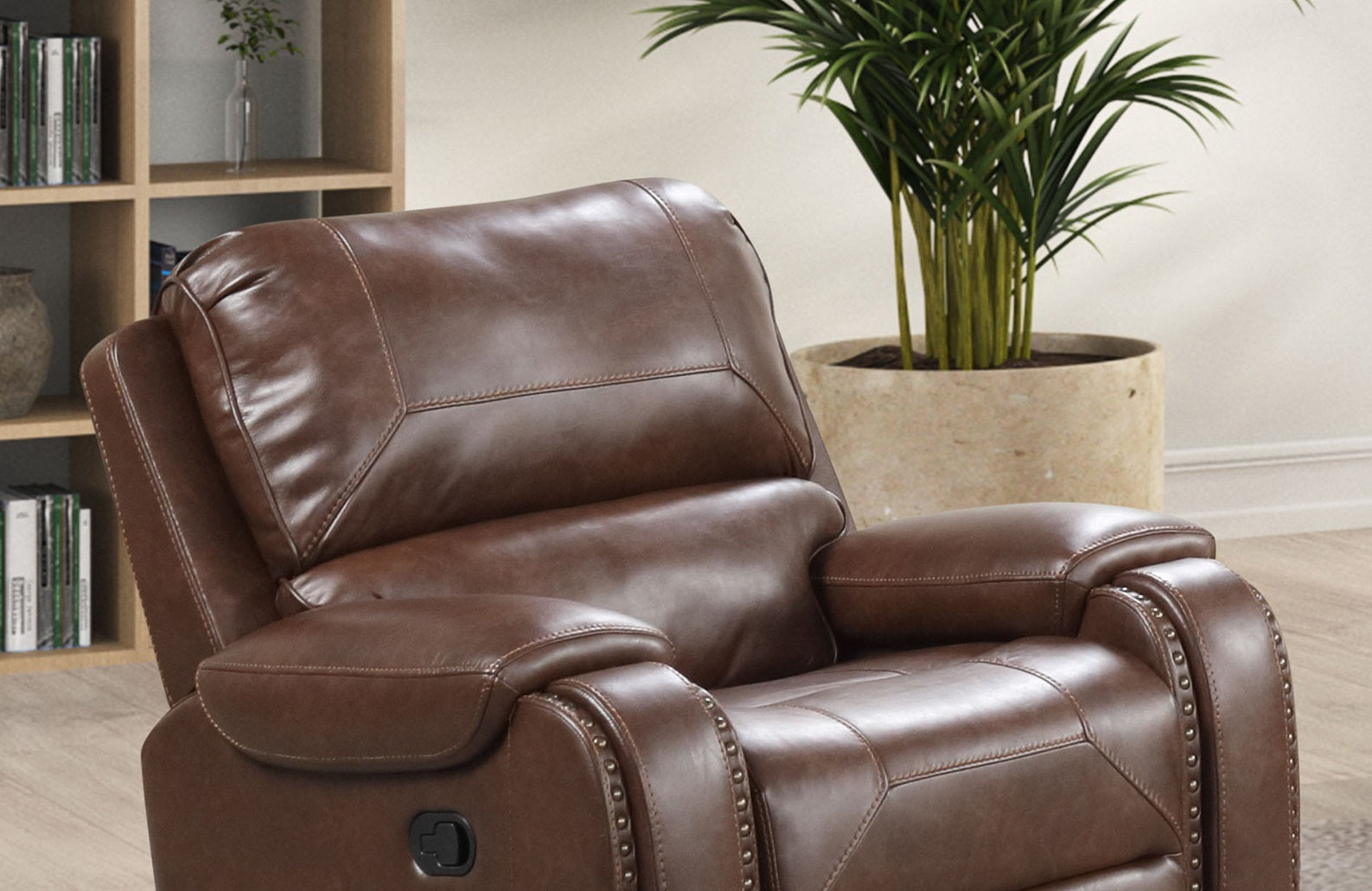 Brown Leatherette Recliner - Transitional Style Primary Living Room