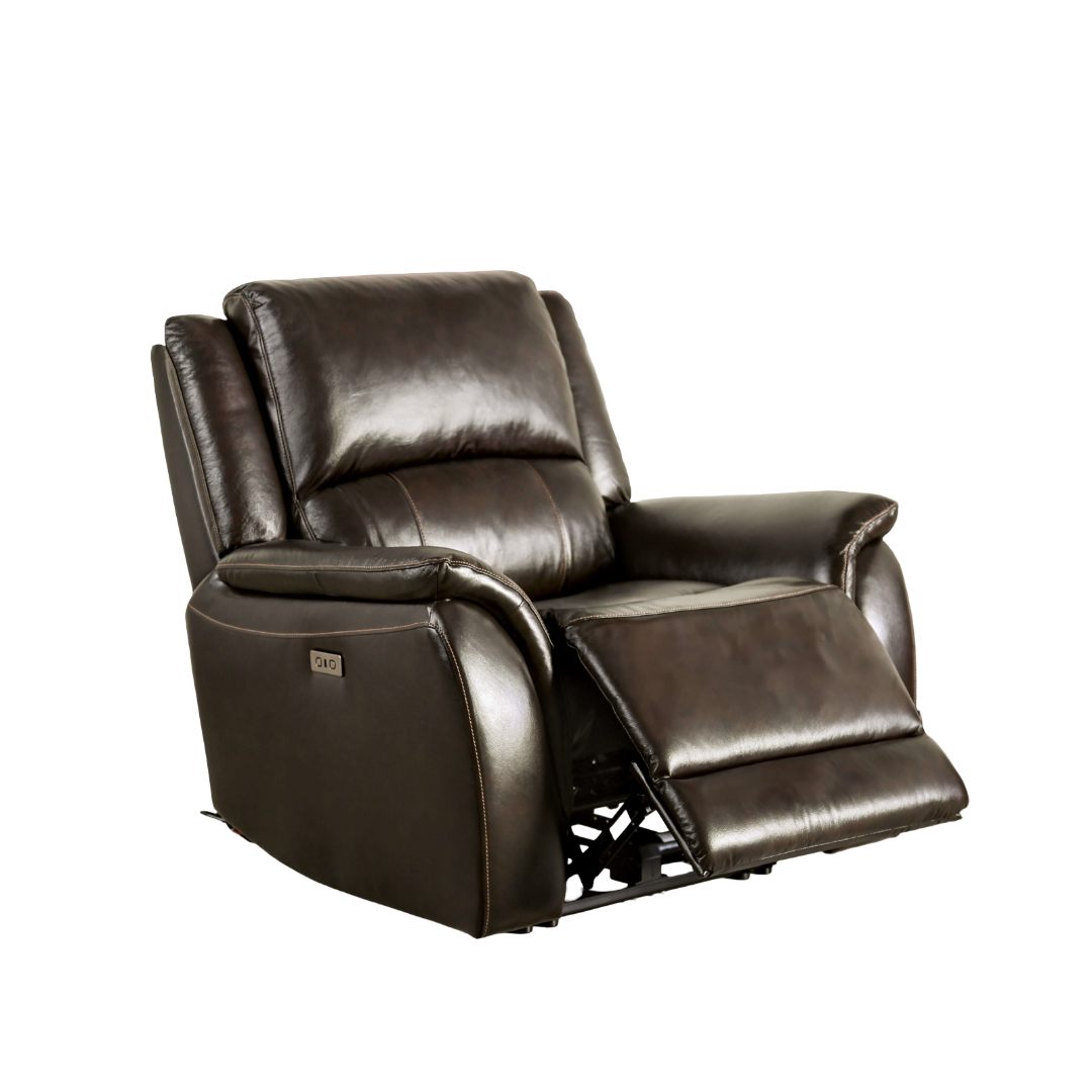 Espresso Leather Power Recliner - Transitional Style Primary Living Room