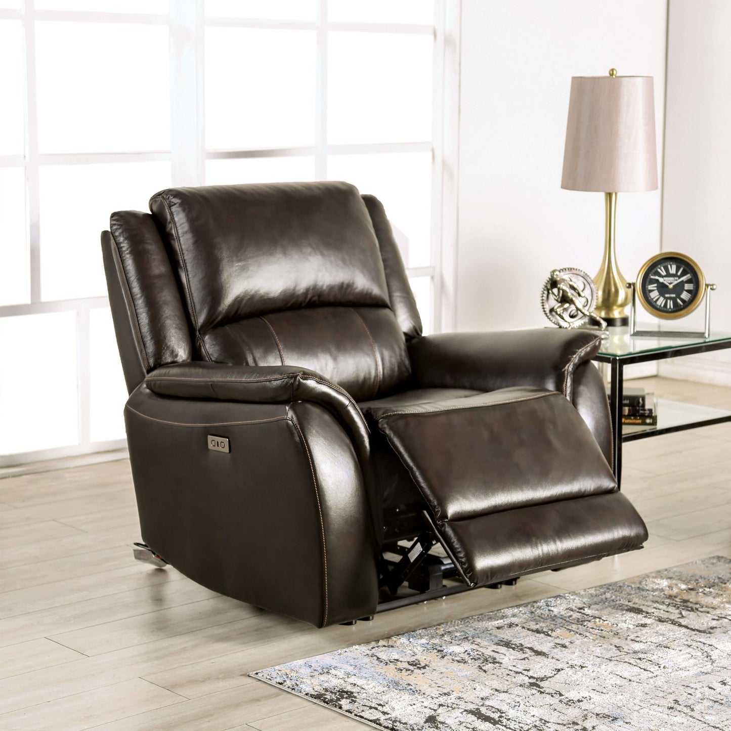 Espresso Leather Power Recliner - Transitional Style Primary Living Room