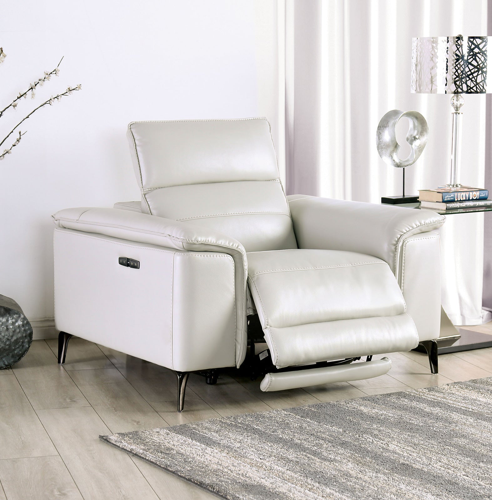 Light Taupe Finish Contemporary Style Power Recliner Pillow Top Arms Metal Legs Extendable Footrest And Headrest Hardwood Frame Primary Living Room