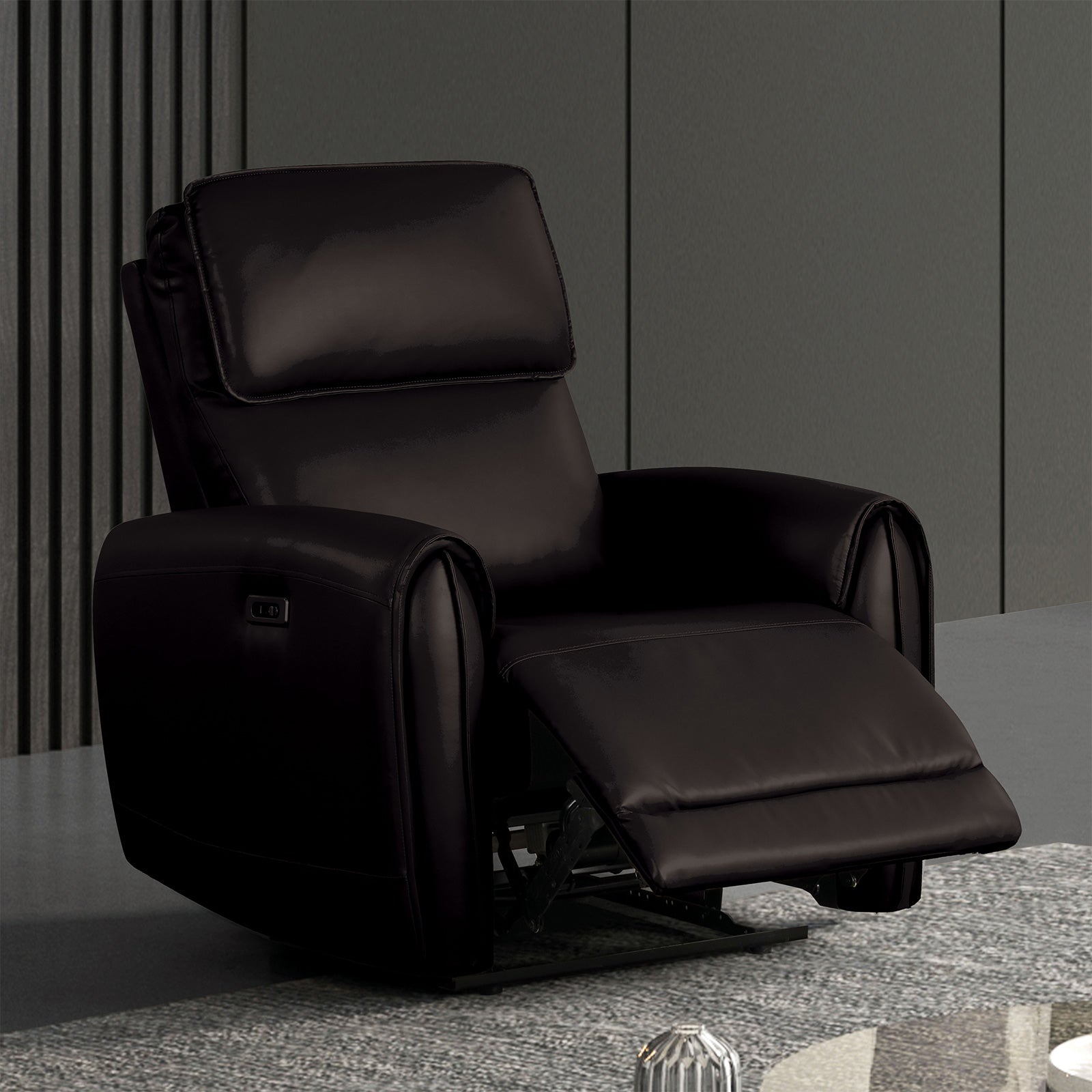 Black Finish Power Recliner USB Ports Contour Arms Flange Trim Contemporary Style Primary Living Room