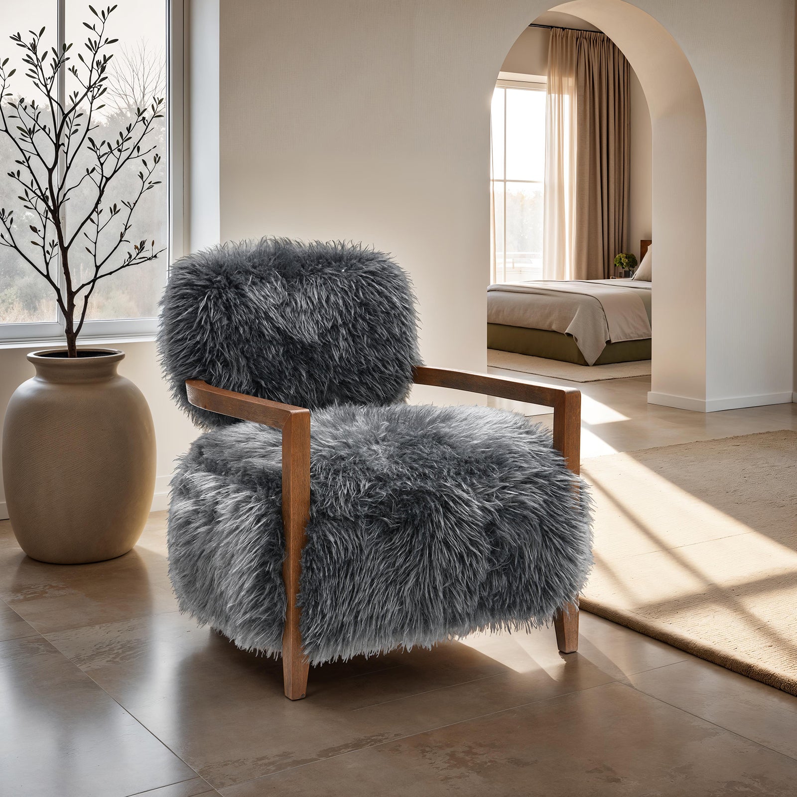 Charcoal Gray Finish Contemporary Style 1pc Accent Chair Soft Faux Fur Wooden Arms Tight Back And Seat Primary Living Room