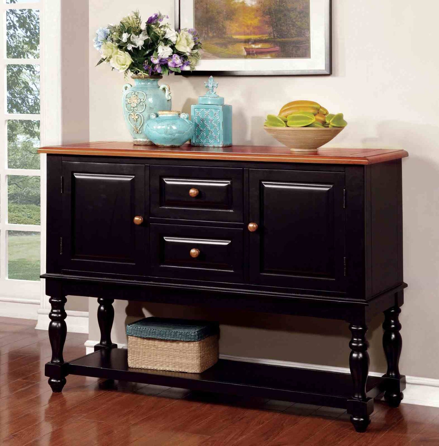 Black Oak Dining Server with Drawers - Transitional Style