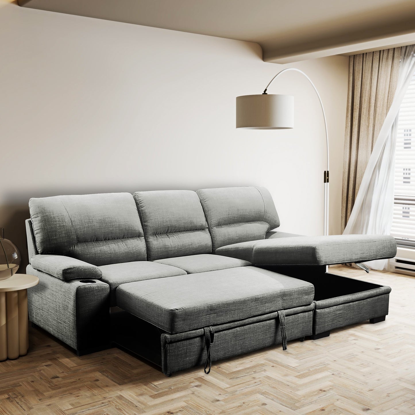 Grey L-Shaped Sectional Sofa Bed with Hidden Storage for Living Room