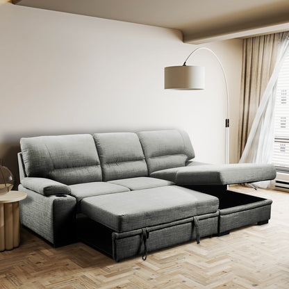 Grey L-Shaped Sectional Sofa Bed with Hidden Storage for Living Room