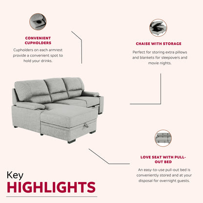 Grey L-Shaped Sectional Sofa Bed with Hidden Storage for Living Room