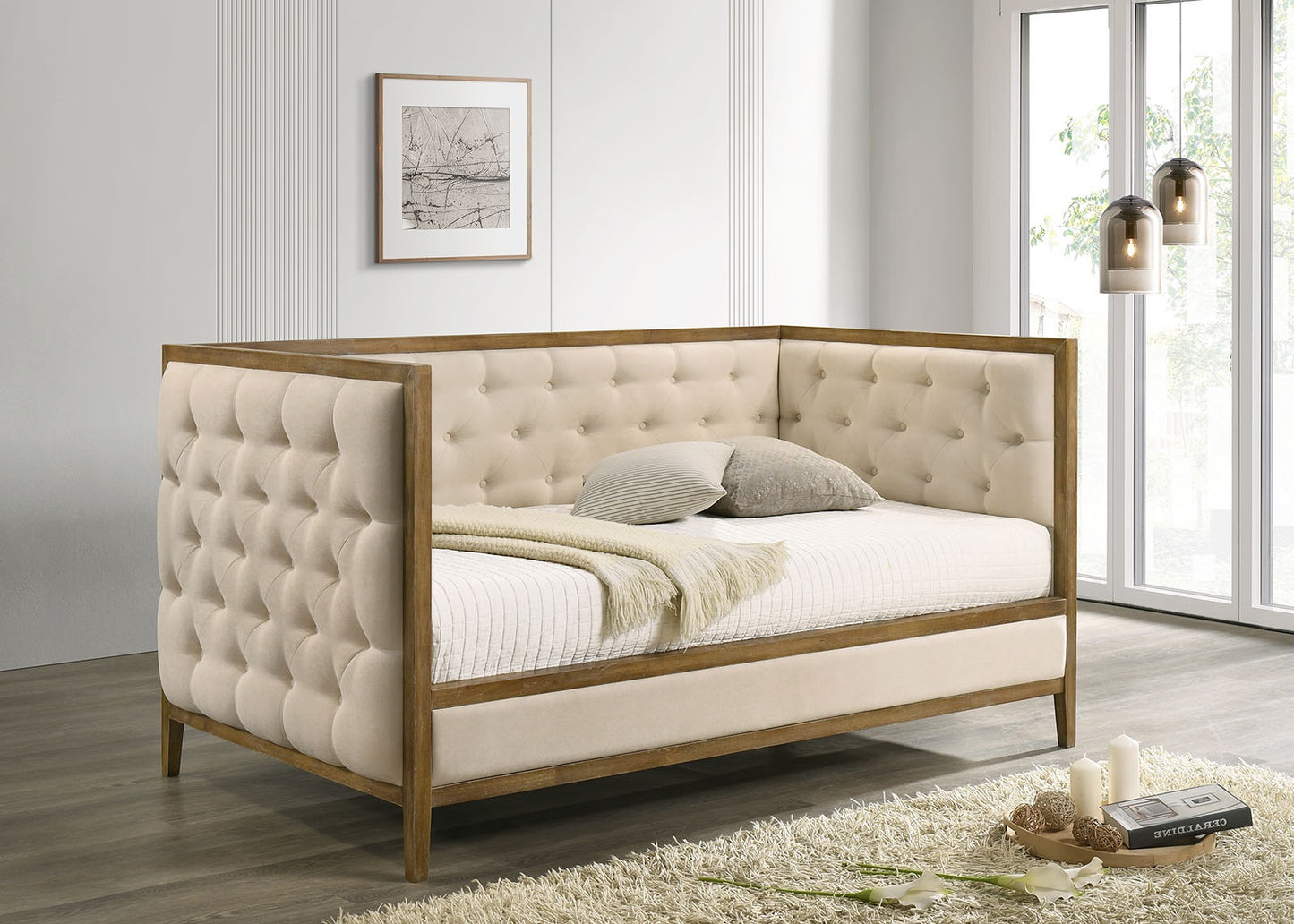 Transitional Style 1pc Twin Size Daybed Diamond Tufting Wood Trim Mattress Ready Natural Oak Finish Primary Living Room