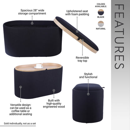 Black Storage Ottoman with Tray - 30" Modern Design