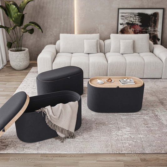 Storage Ottoman with Reversible Wooden Tray Top, Black