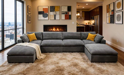 Coffee Bean Like Upholstery Full Compressed Modular Sectional with Toss Pillows