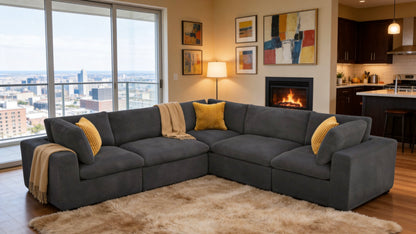 Coffee Bean Like Upholstery Full Compressed Modular Sectional with Toss Pillows