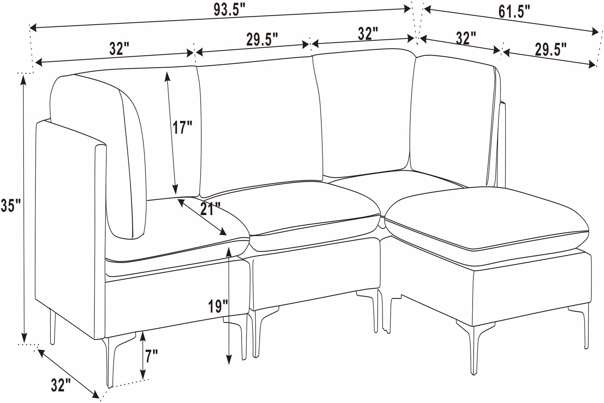 Linen Modular Sectional - 4 Seats Almond for Living Room