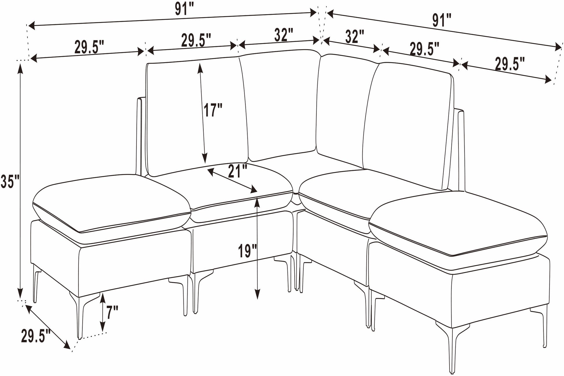 Dark Blue Linen 5 Seat Sectional Sofa for Living Room