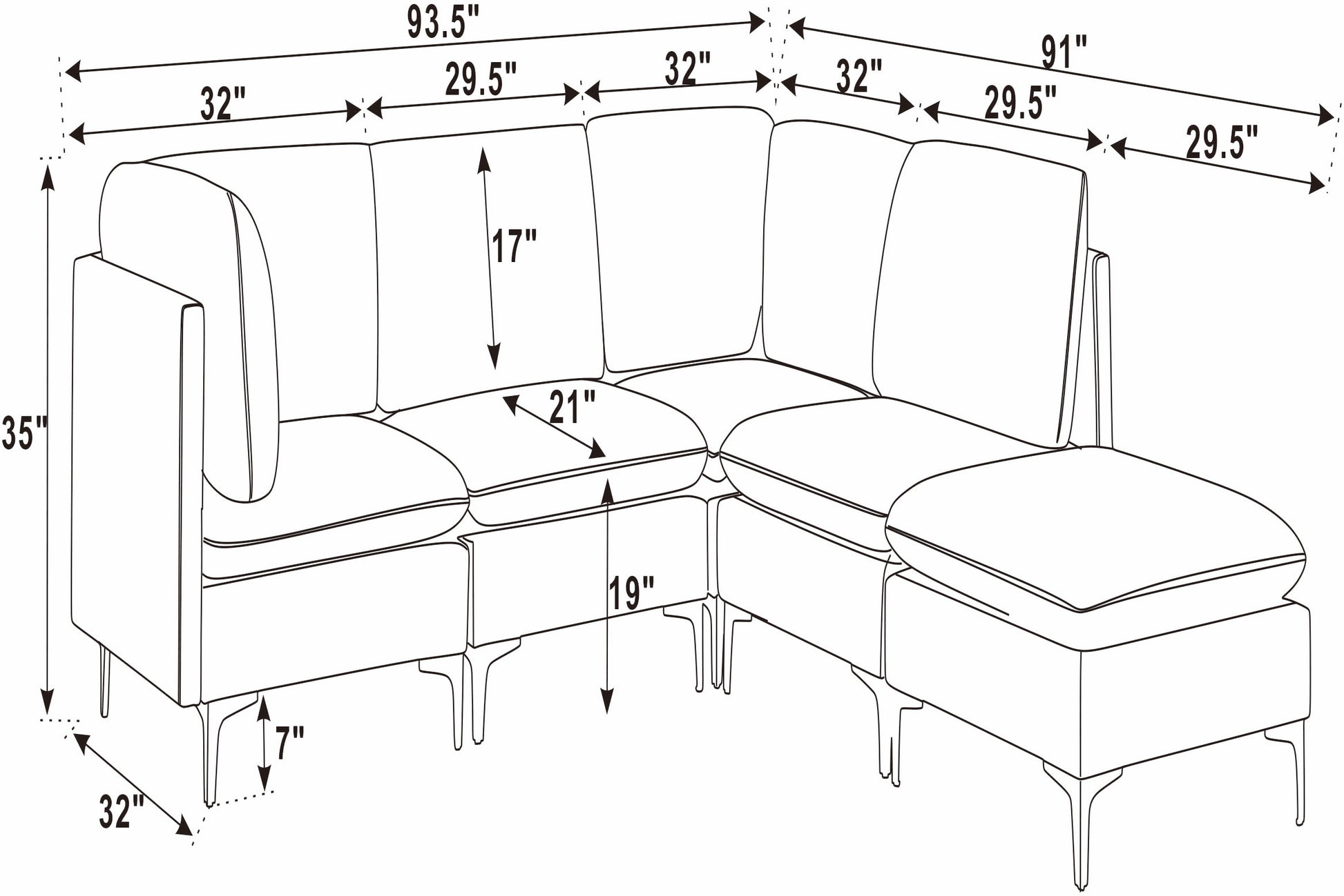 Dark Blue Linen 5 Seat Sectional Sofa for Living Room