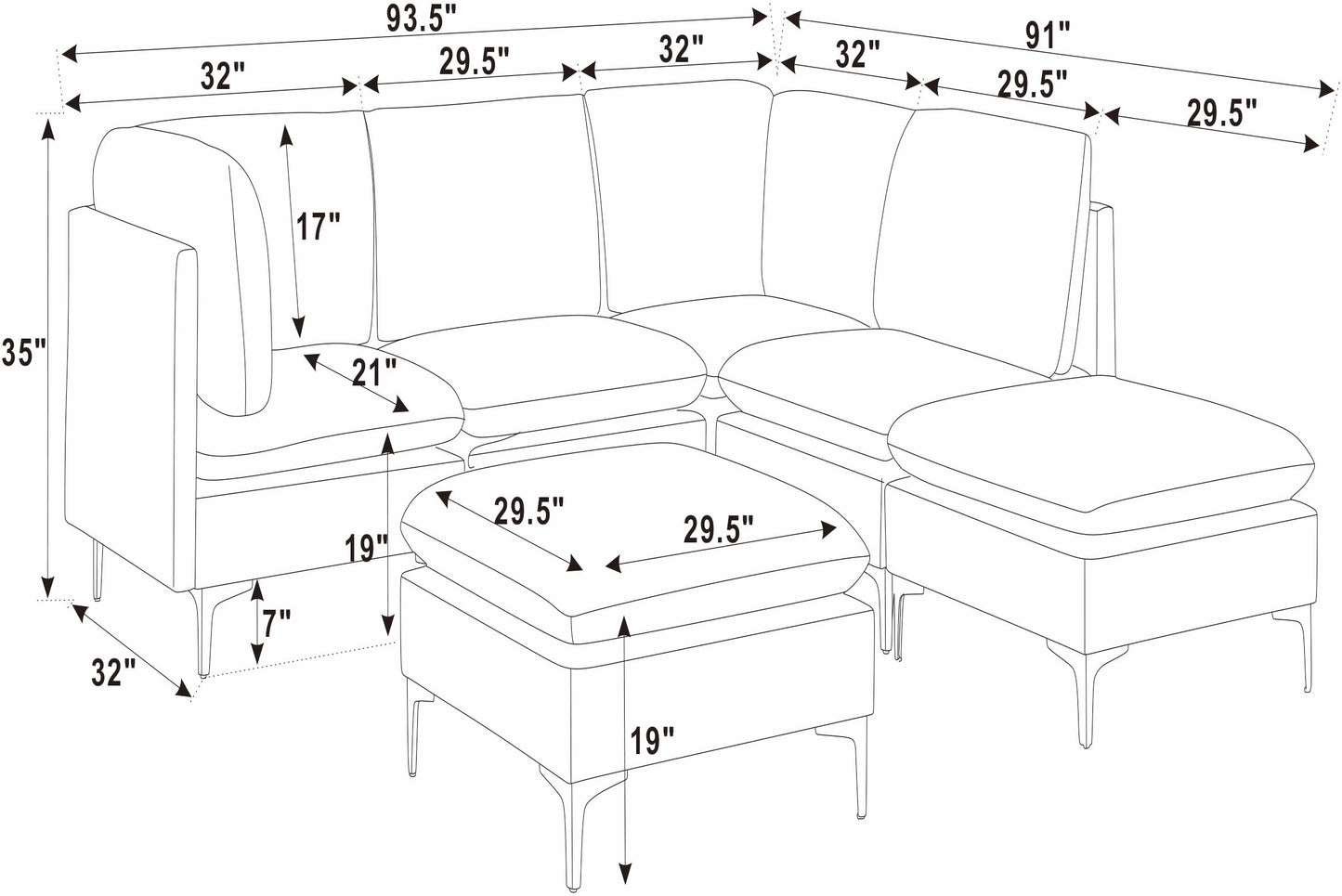 Dark Blue Linen Modular Sectional - 6 Seats for Living Room