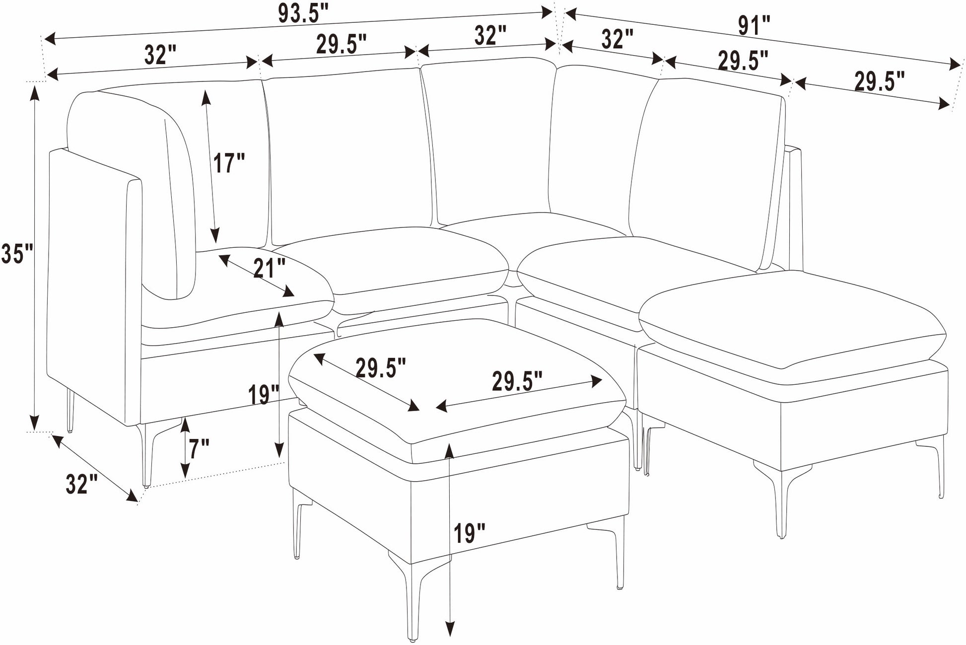 Dark Blue Linen Modular Sectional - 6 Seats for Living Room
