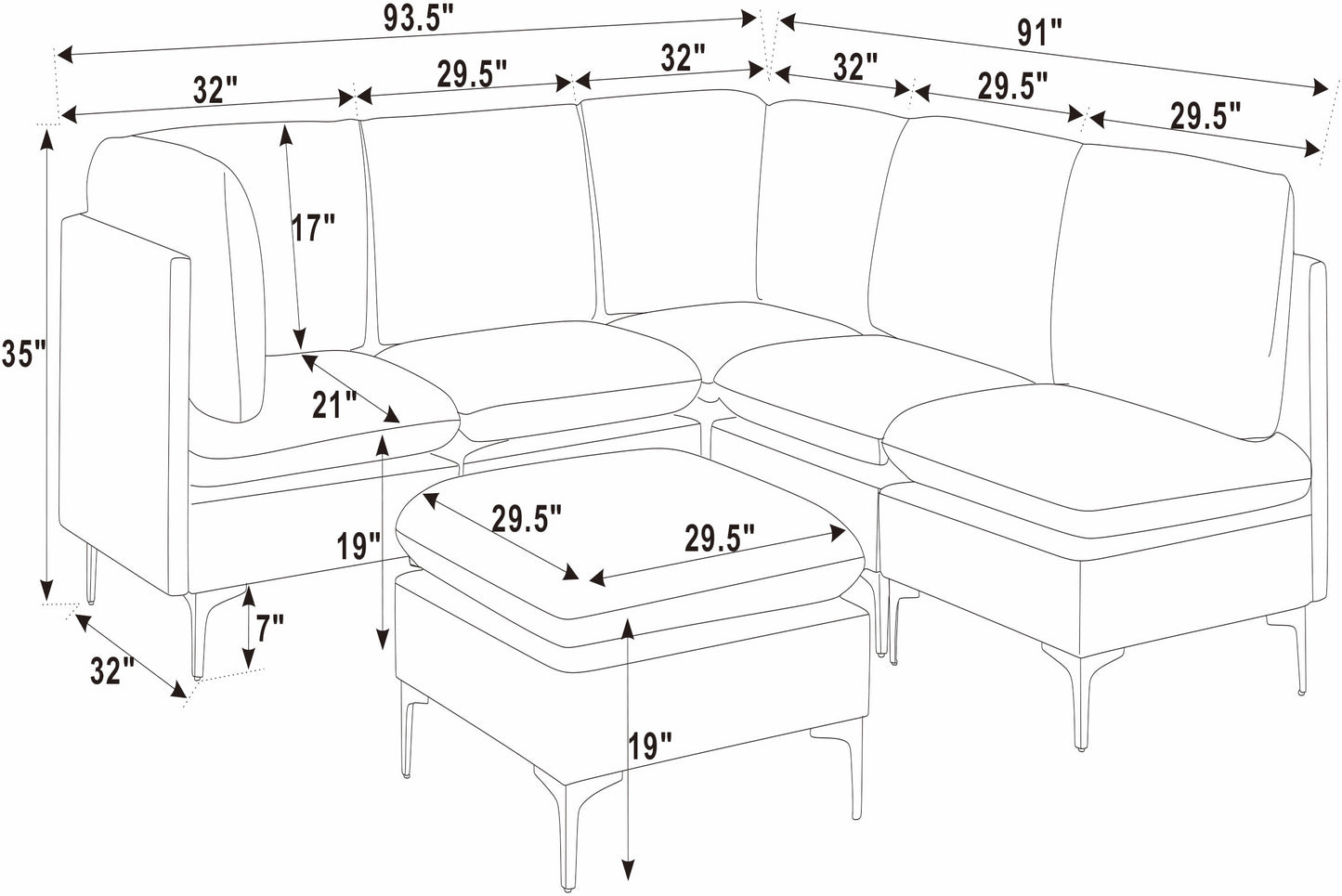 Dark Blue Linen Modular Sectional - 6 Seats for Living Room