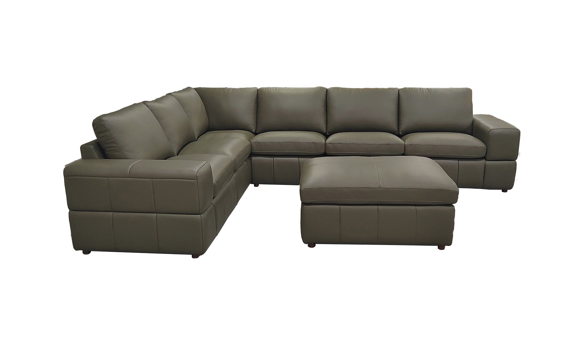 Olive Green Leather Sectional Sofa with Square Arms for Living Room