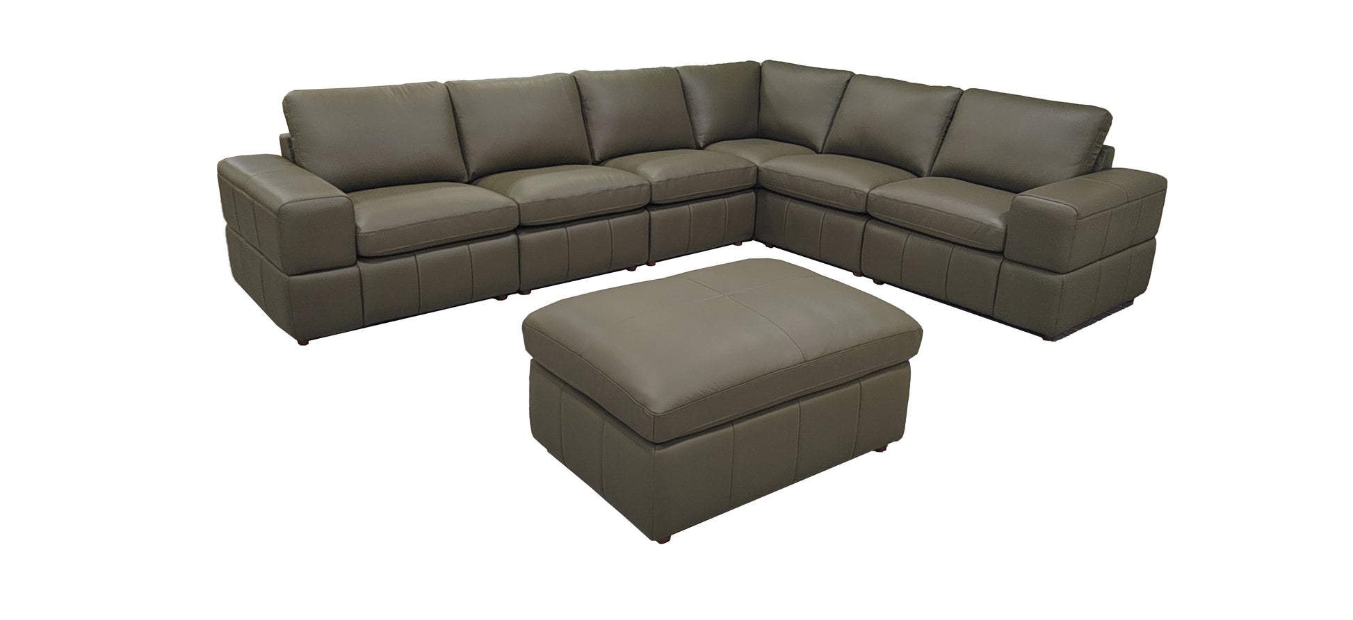 Olive Green Leather Sectional Sofa with Square Arms for Living Room