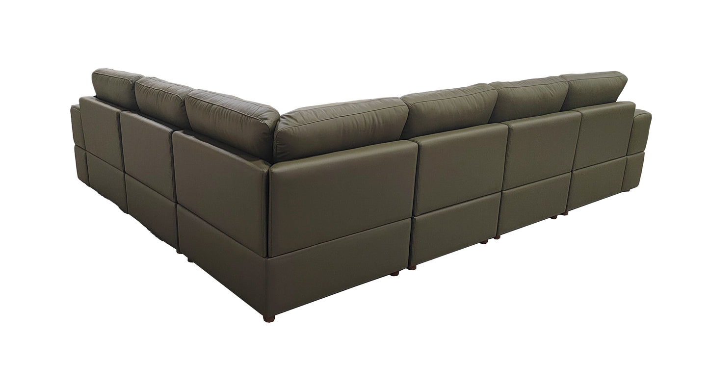 Olive Green Leather Sectional Sofa with Square Arms for Living Room
