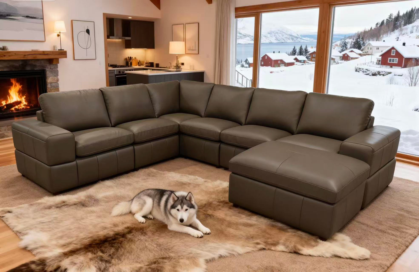 Olive Green Leather Sectional Sofa with Square Arms for Living Room
