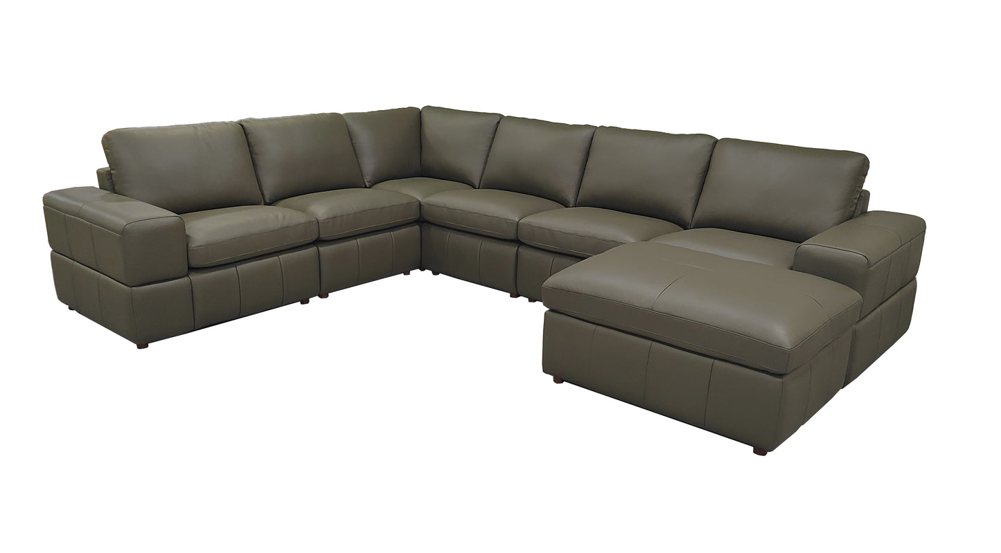 Olive Green Leather Sectional Sofa with Square Arms for Living Room