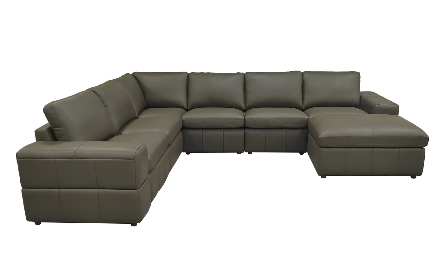 Olive Green Leather Sectional Sofa with Square Arms for Living Room