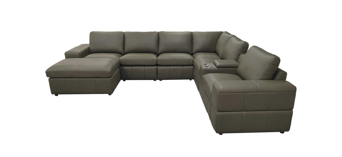 7 Seat Olive Green Leather Sectional Sofa