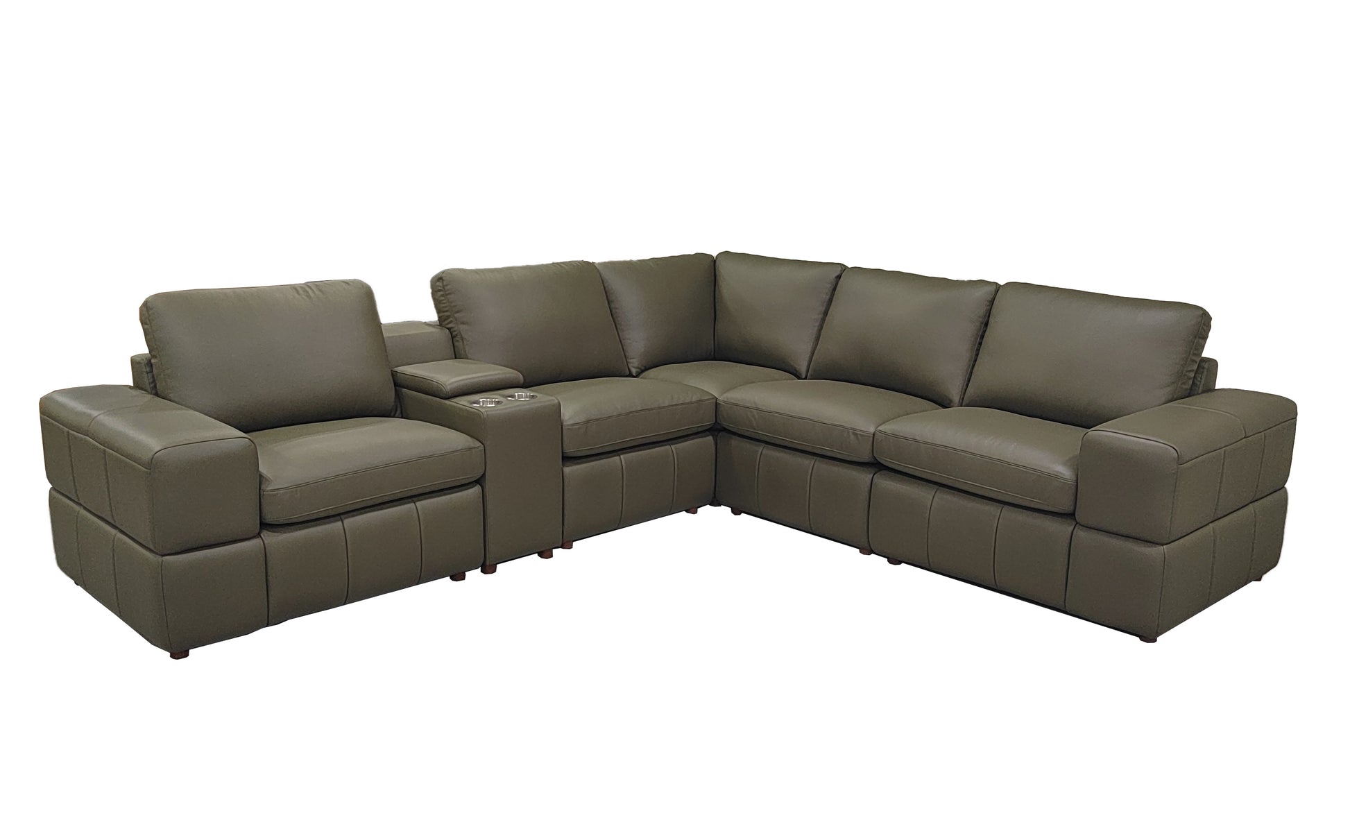 Olive Green Leather 5 Seat Sectional Sofa with Square Arms for Living Room