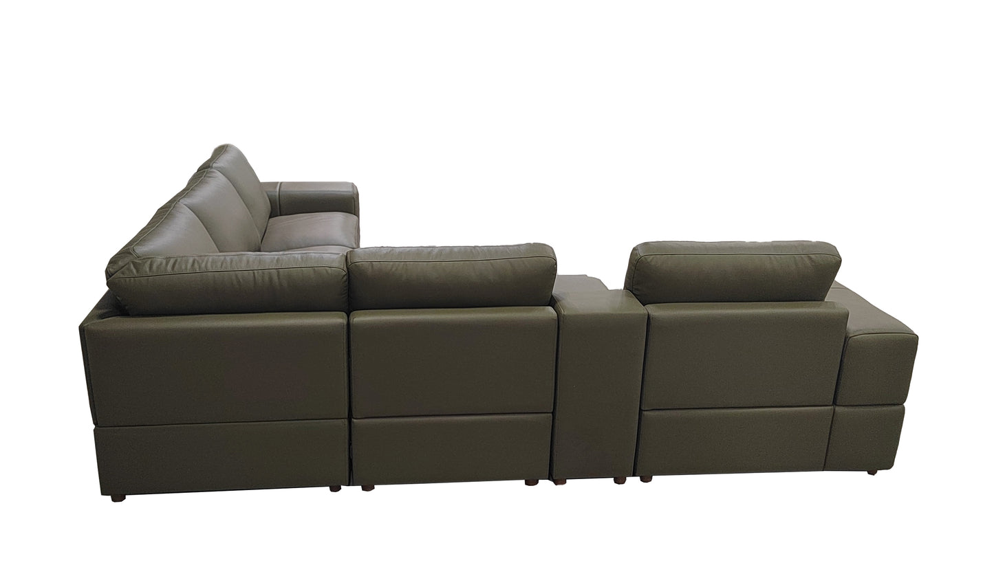 Olive Green Leather 5 Seat Sectional Sofa with Square Arms for Living Room