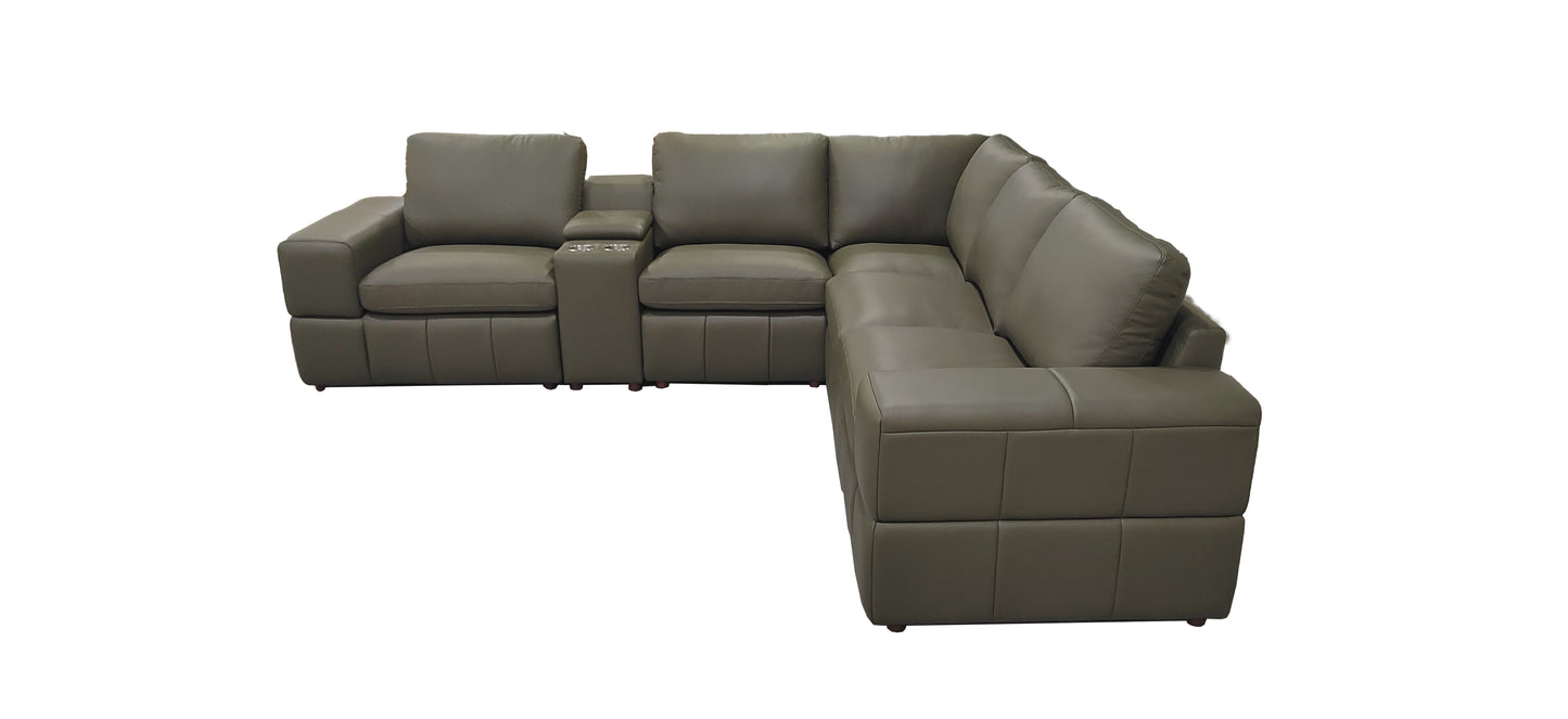 Olive Green Leather 5 Seat Sectional Sofa with Square Arms for Living Room