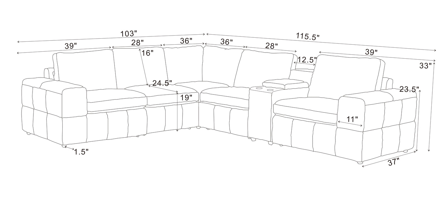 Olive Green Leather 5 Seat Sectional Sofa with Square Arms for Living Room