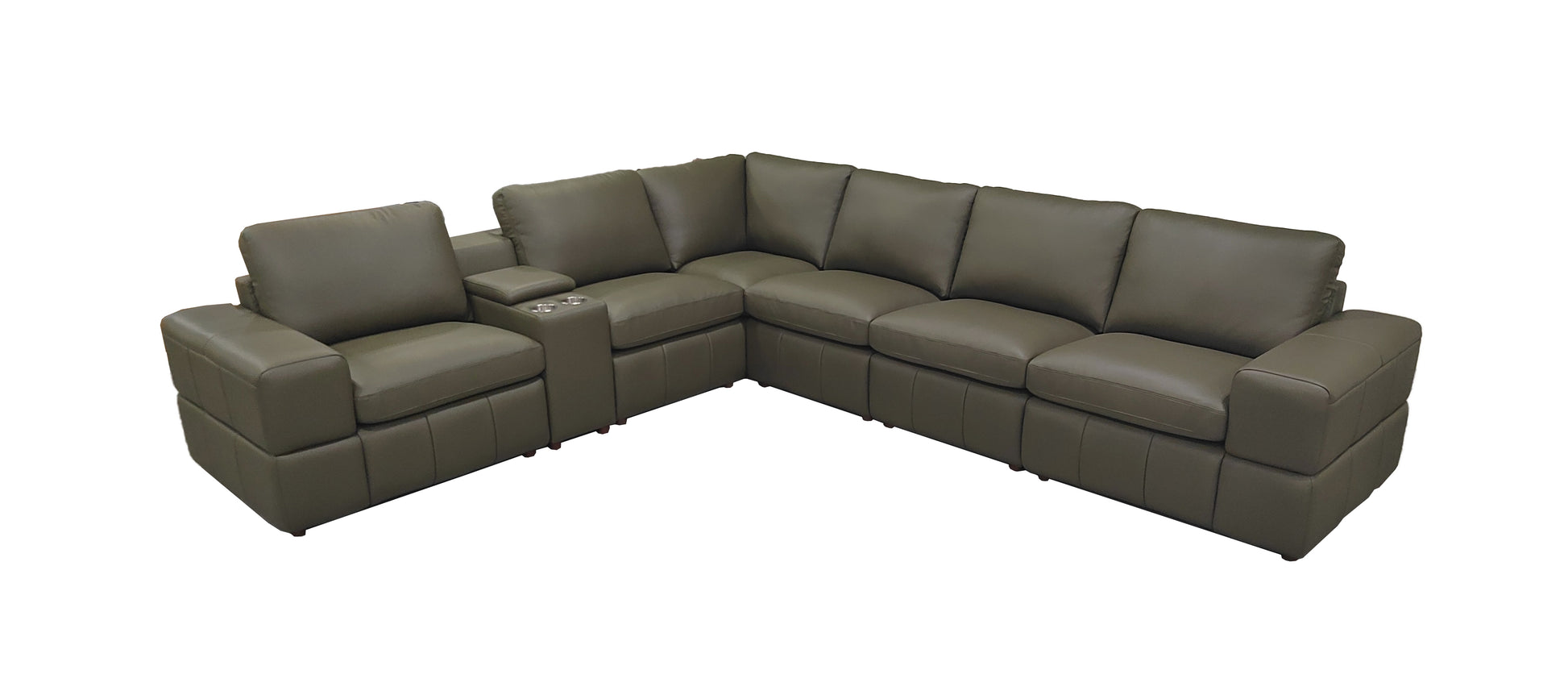Large Arm Olive Green Leather Sectional - 6 Seat