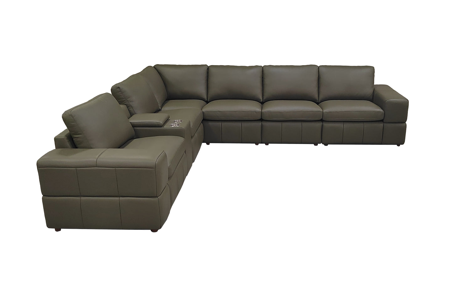 Large Arm Olive Green Leather Sectional - 6 Seat
