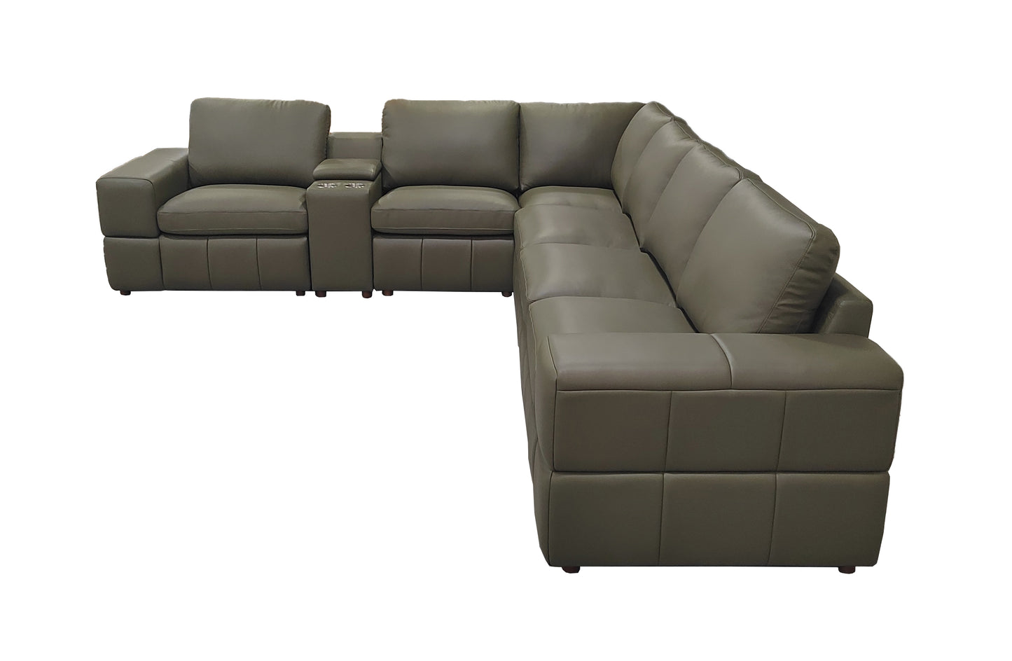 Large Arm Olive Green Leather Sectional - 6 Seat