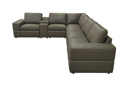 Large Arm Olive Green Leather Sectional - 6 Seat