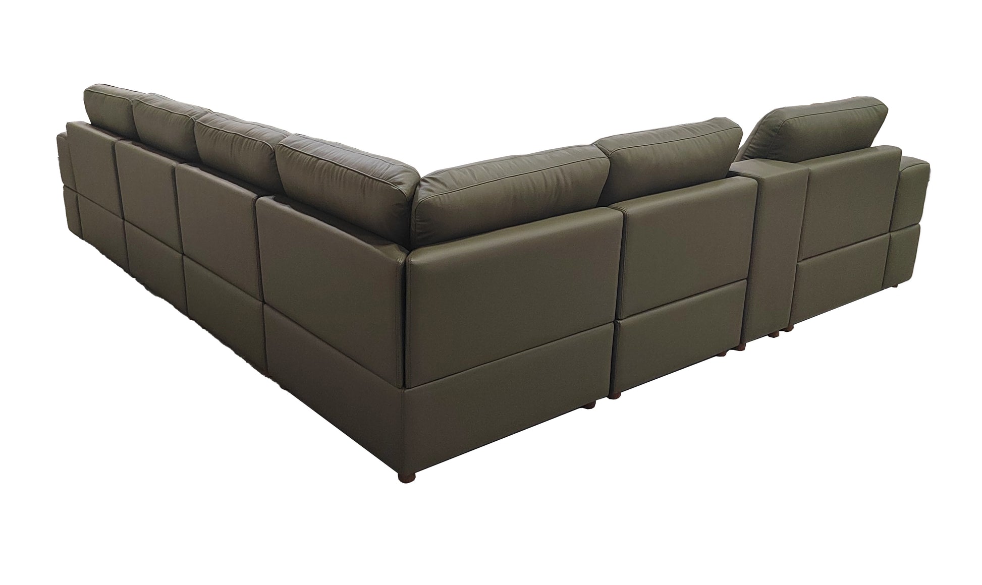 Large Arm Olive Green Leather Sectional - 6 Seat