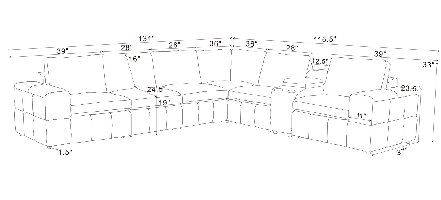 Large Arm Olive Green Leather Sectional - 6 Seat